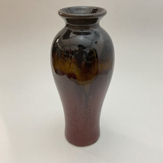 Vintage Two-Tone Glazed Ceramic Vase – 10.5" Flared Urn Vase, Rich Burgundy & Espresso Brown