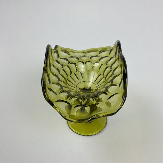 Vintage Olive Green Thumbprint Ruffled Compote Dish