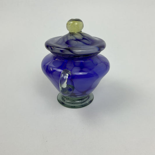 Vintage Cobalt Blue Art Glass Lidded Sugar Bowl – Mid-Century Swirl Condiment Dish