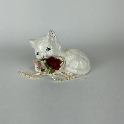 Vintage-Style Ceramic White Cat Figurine with Rose & Pearl Accents