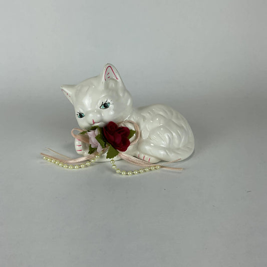Vintage-Style Ceramic White Cat Figurine with Rose & Pearl Accents