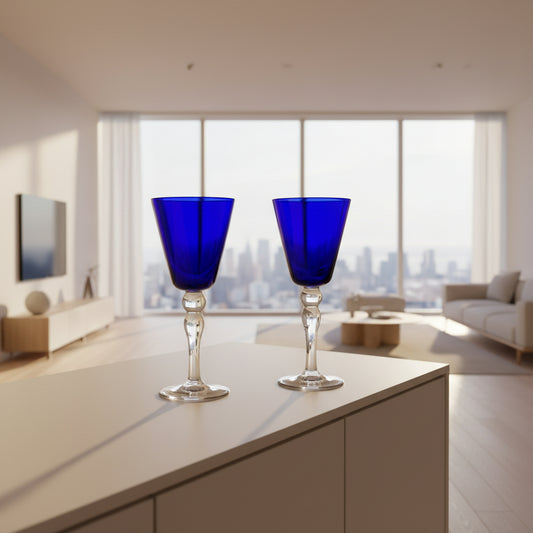Hand-Blown Cobalt Blue Art Glass Wine Goblets, Set of 2