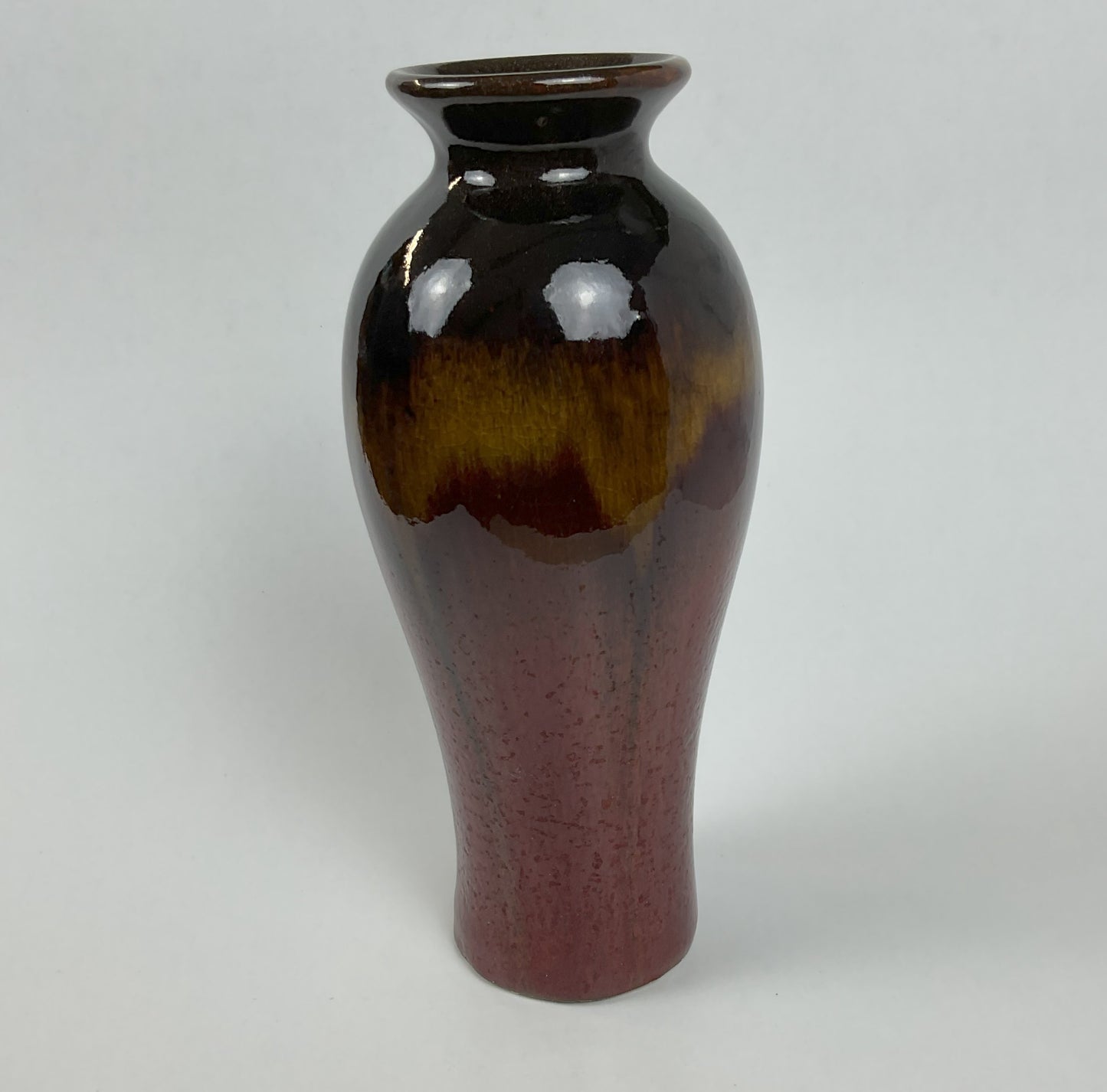 Vintage Two-Tone Glazed Ceramic Vase – 10.5" Flared Urn Vase, Rich Burgundy & Espresso Brown