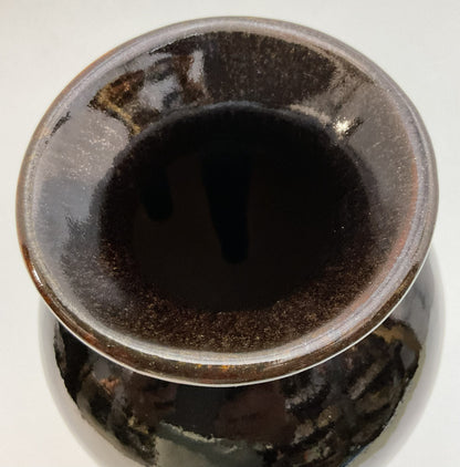 Vintage Two-Tone Glazed Ceramic Vase – 10.5" Flared Urn Vase, Rich Burgundy & Espresso Brown