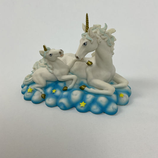 Vintage Alabaster-Style Mother & Foal Unicorn Figurine on Starry Cloud Base