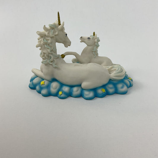 Vintage Alabaster-Style Mother & Foal Unicorn Figurine on Starry Cloud Base