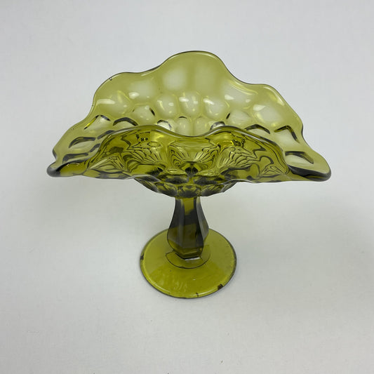 Vintage Olive Green Thumbprint Ruffled Compote Dish