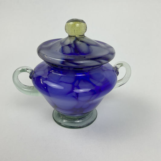 Vintage Cobalt Blue Art Glass Lidded Sugar Bowl – Mid-Century Swirl Condiment Dish