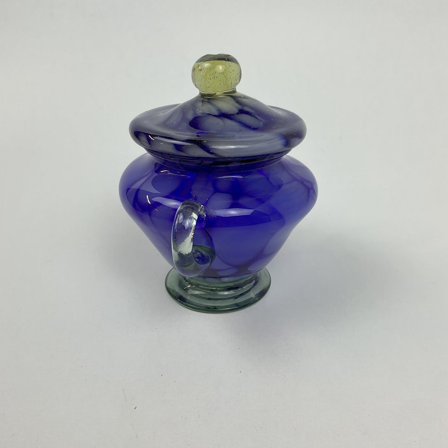 Vintage Cobalt Blue Art Glass Lidded Sugar Bowl – Mid-Century Swirl Condiment Dish