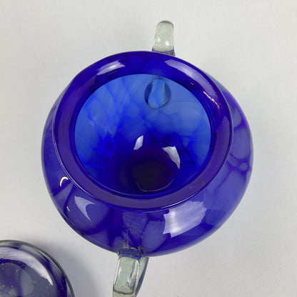 Vintage Cobalt Blue Art Glass Lidded Sugar Bowl – Mid-Century Swirl Condiment Dish