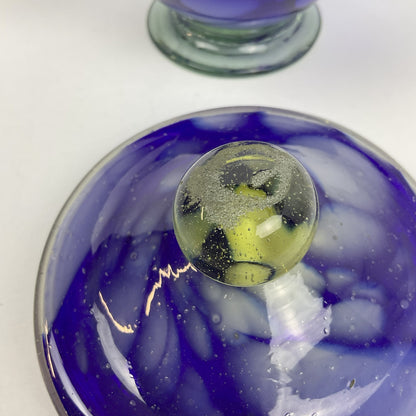 Vintage Cobalt Blue Art Glass Lidded Sugar Bowl – Mid-Century Swirl Condiment Dish