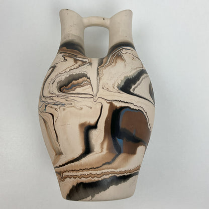 Vintage Nemadji Pottery Double-Spout Wedding Vase – Earth Tone Marbled Swirl Art Pottery