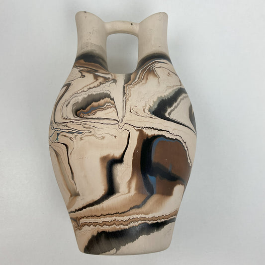 Vintage Nemadji Pottery Double-Spout Wedding Vase – Earth Tone Marbled Swirl Art Pottery
