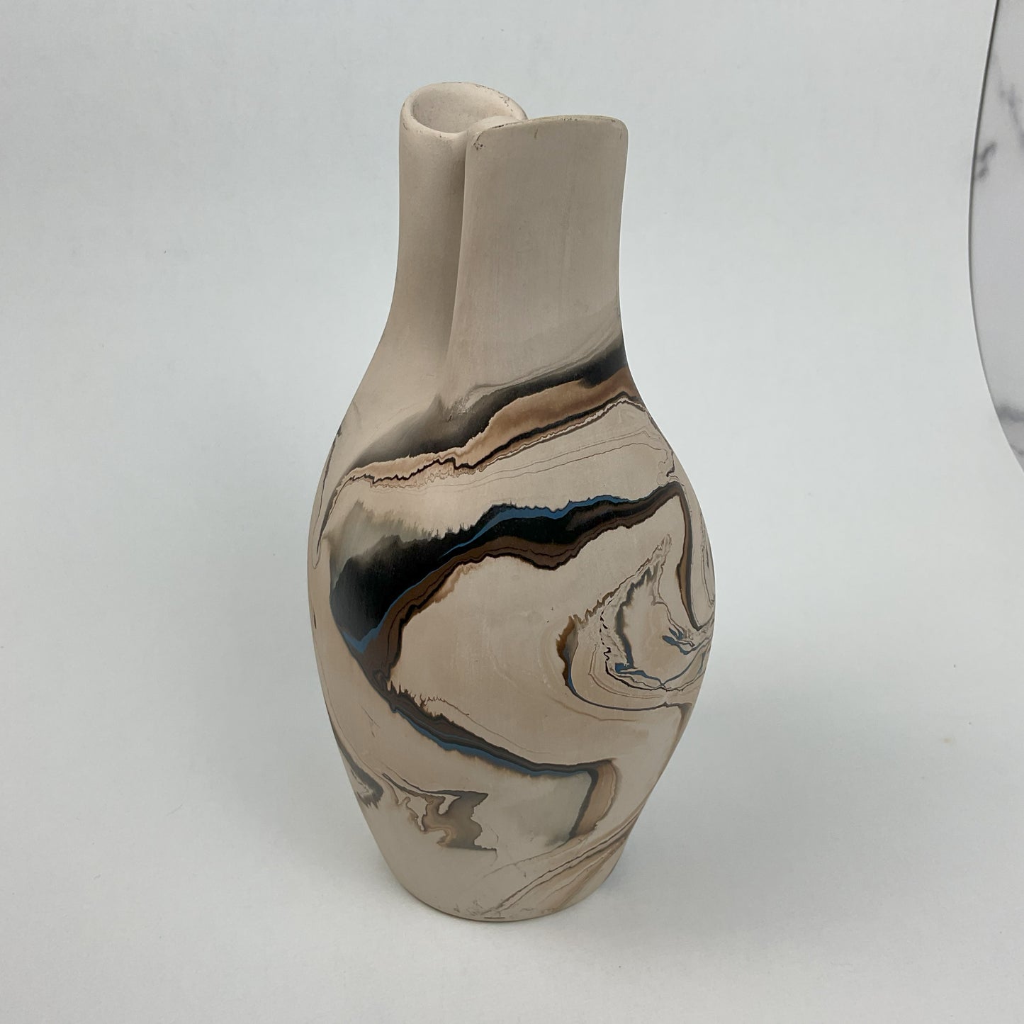Vintage Nemadji Pottery Double-Spout Wedding Vase – Earth Tone Marbled Swirl Art Pottery