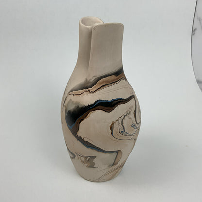 Vintage Nemadji Pottery Double-Spout Wedding Vase – Earth Tone Marbled Swirl Art Pottery