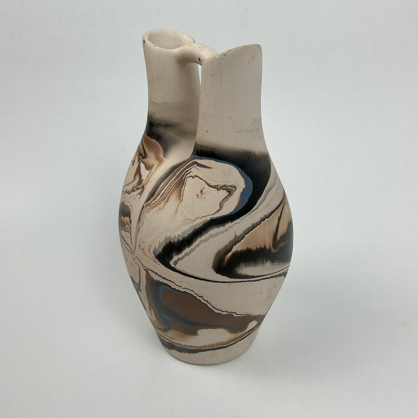 Vintage Nemadji Pottery Double-Spout Wedding Vase – Earth Tone Marbled Swirl Art Pottery