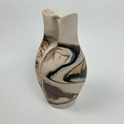 Vintage Nemadji Pottery Double-Spout Wedding Vase – Earth Tone Marbled Swirl Art Pottery