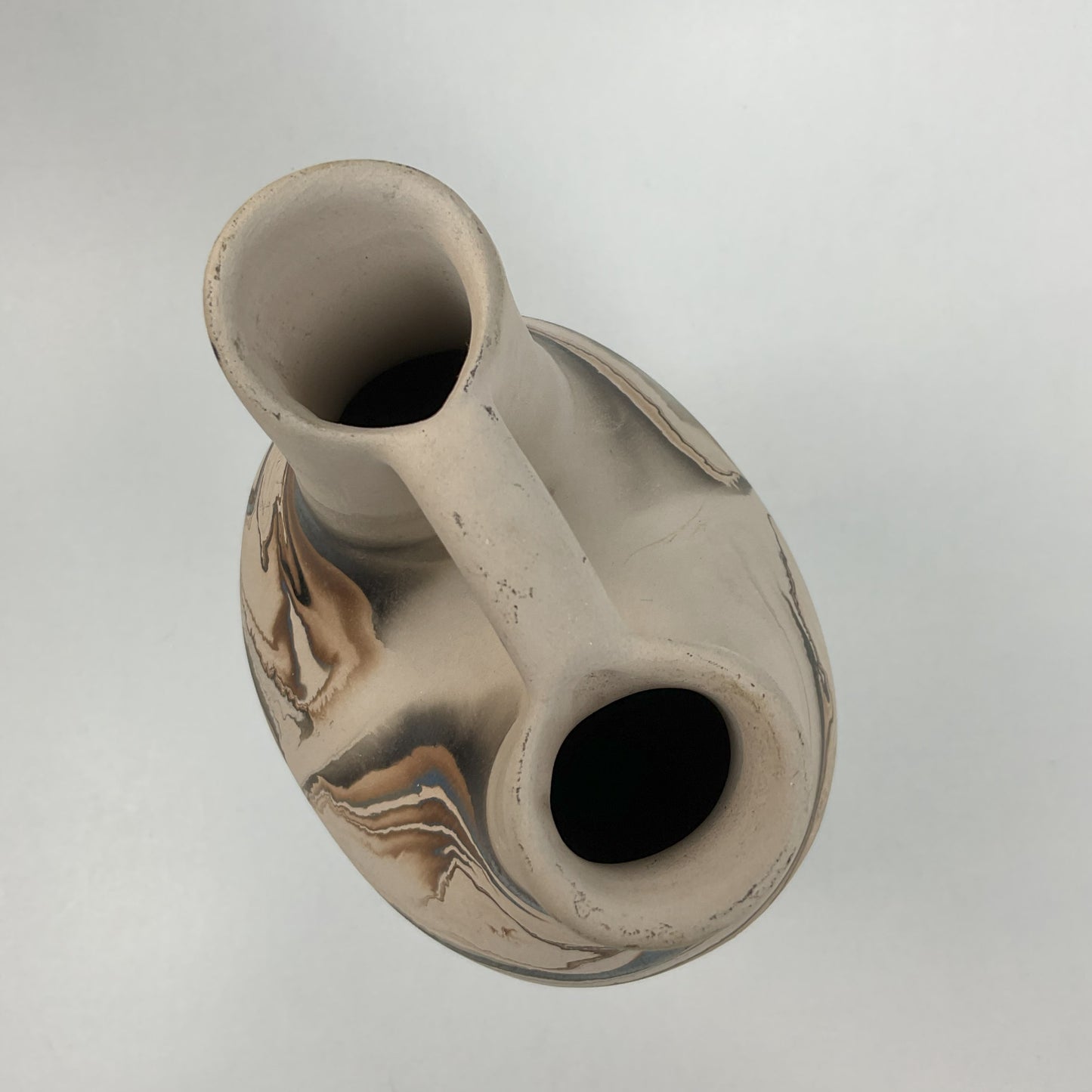 Vintage Nemadji Pottery Double-Spout Wedding Vase – Earth Tone Marbled Swirl Art Pottery