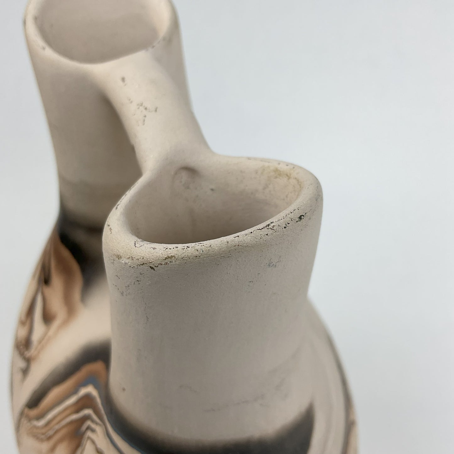 Vintage Nemadji Pottery Double-Spout Wedding Vase – Earth Tone Marbled Swirl Art Pottery