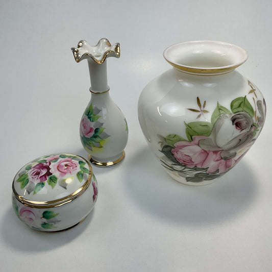 Vintage Hand-Painted Porcelain Rose Vanity Set – Matching 3-Piece Collection