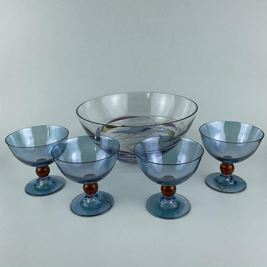 Vintage Euroglass Romanian Luminescence Cristiro Mosaic 5-Piece Serving Set - Handcrafted Art Glass Centerpiece Bowl & 4 Stemmed Dessert Coupes