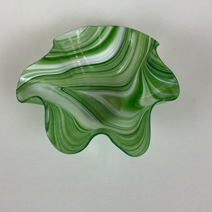 Vintage Slumped Art Glass Ruffle Centerpiece Bowl – Emerald Green & White Baroque Swirl