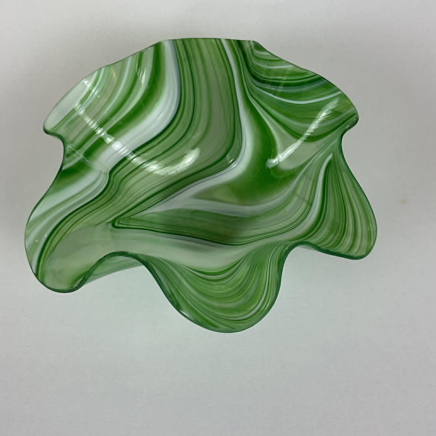 Vintage Slumped Art Glass Ruffle Centerpiece Bowl – Emerald Green & White Baroque Swirl