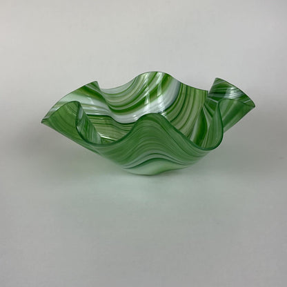 Vintage Slumped Art Glass Ruffle Centerpiece Bowl – Emerald Green & White Baroque Swirl