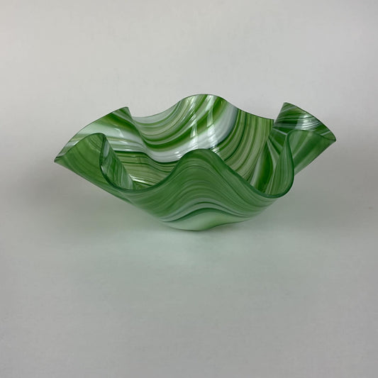 Vintage Slumped Art Glass Ruffle Centerpiece Bowl – Emerald Green & White Baroque Swirl