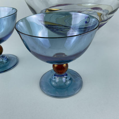 Vintage Euroglass Romanian Luminescence Cristiro Mosaic 5-Piece Serving Set - Handcrafted Art Glass Centerpiece Bowl & 4 Stemmed Dessert Coupes