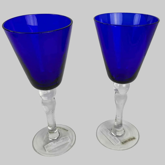 Hand-Blown Cobalt Blue Art Glass Wine Goblets, Set of 2